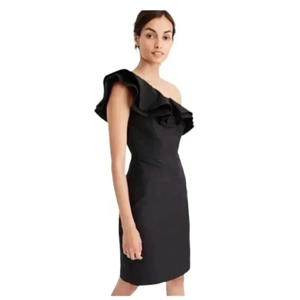 J.Crew One Shoulder Ruffle Mini Dress Navy Blue Size 4 Knee Length